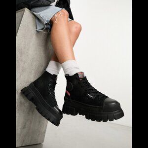 NEW Palladium Black Canvas Chunky Lug Sole Y2K High Top Vegan Combat Boots Shoes